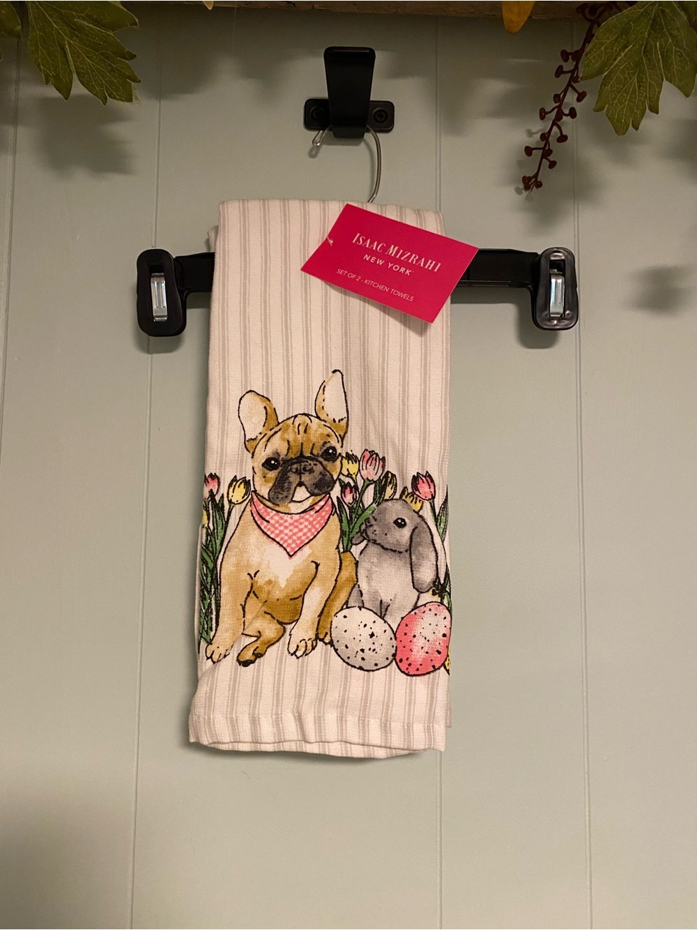 NWT Isaac Mizrahi Easter Rabbit French Terrier Dish Towels Set of 2